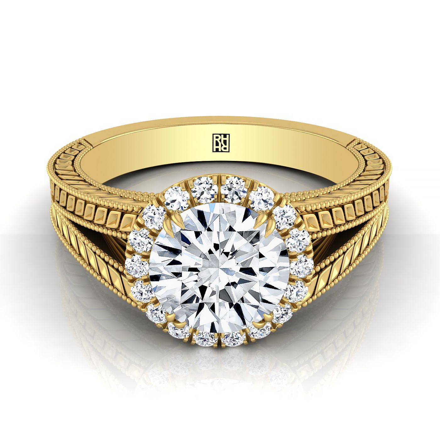Ramona Select Vintage Wheat Engraved Halo Round Lab Diamond Engagement Ring in 18K Yellow Gold | RockHer