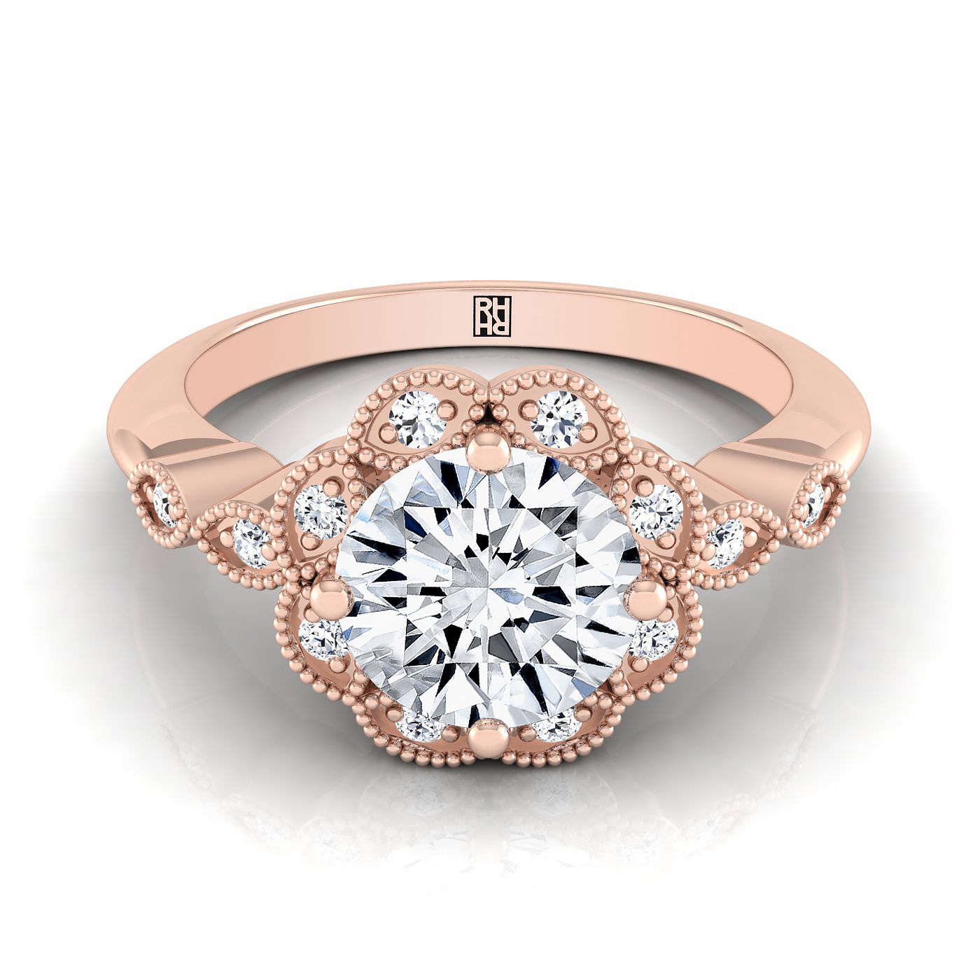Linda Select Scalloped Halo Floral Leaf Round Lab Diamond Engagement Ring in 14K Rose Gold | RockHer