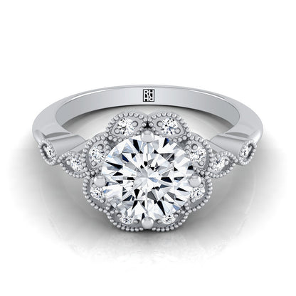 Round Brilliant, Beaded Floral Halo Leaf Shoulders, in Platinum, pave setting – view 8 | RockHer