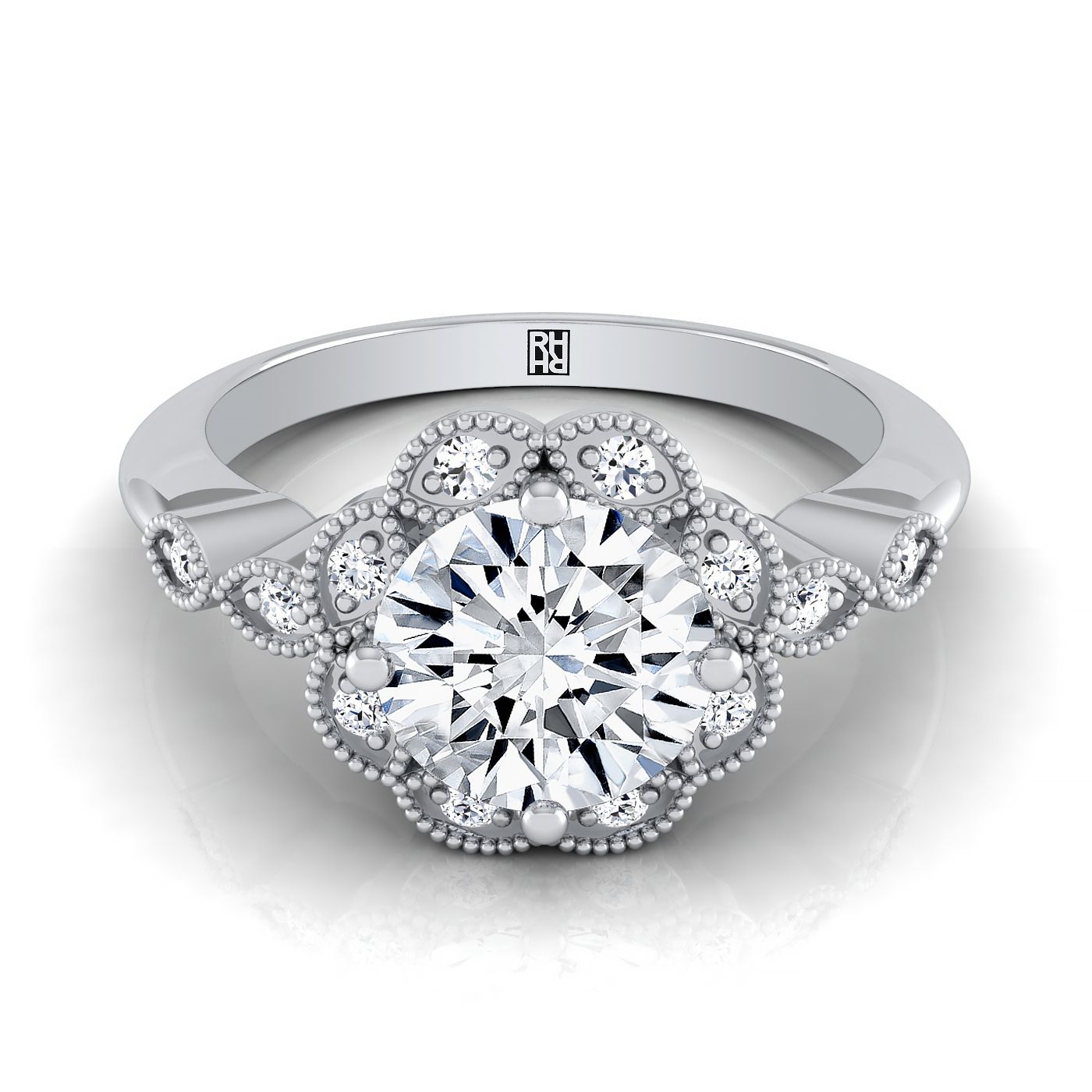 Shania Select Beaded Floral Halo Leaf Shoulders Round Lab Diamond Engagement Ring in 18K White Gold | RockHer