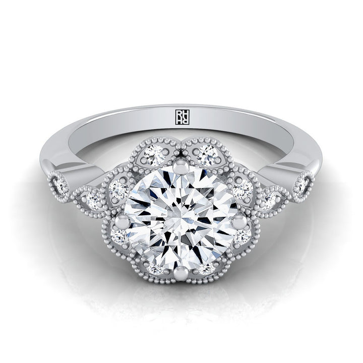 Shania Select Beaded Floral Halo Leaf Shoulders Round Lab Diamond Engagement Ring in Platinum | RockHer