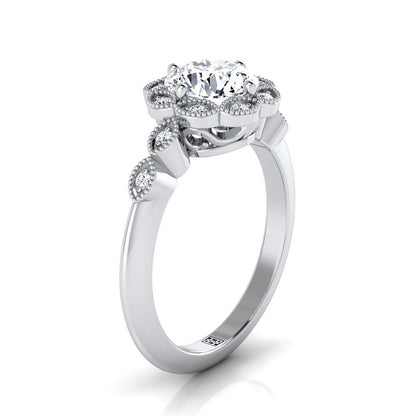 Shania Select Beaded Floral Halo Leaf Shoulders Round Lab Diamond Engagement Ring in Platinum | RockHer