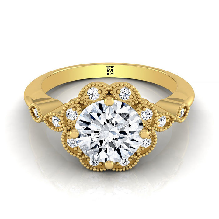 Round Brilliant, Beaded Floral Halo Leaf Shoulders, in 18K Yellow Gold, pave setting – view 8 | RockHer
