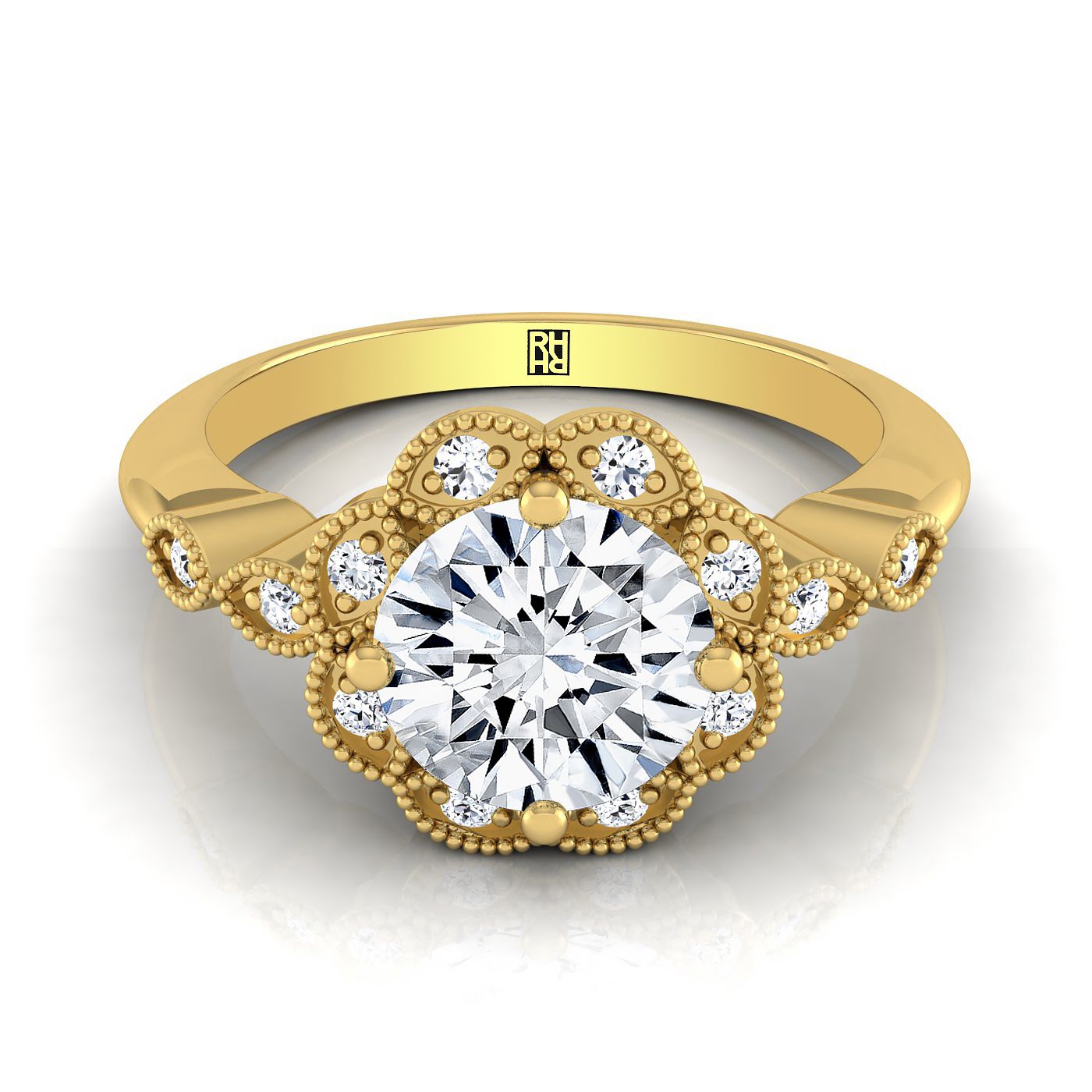 The Shania round setting in 18K Yellow Gold, a select beaded floral halo leaf shoulders design from RockHer