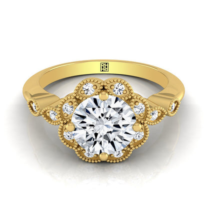 Shania Select beaded floral halo leaf shoulders round ring in 18K Yellow Gold — view — RockHer