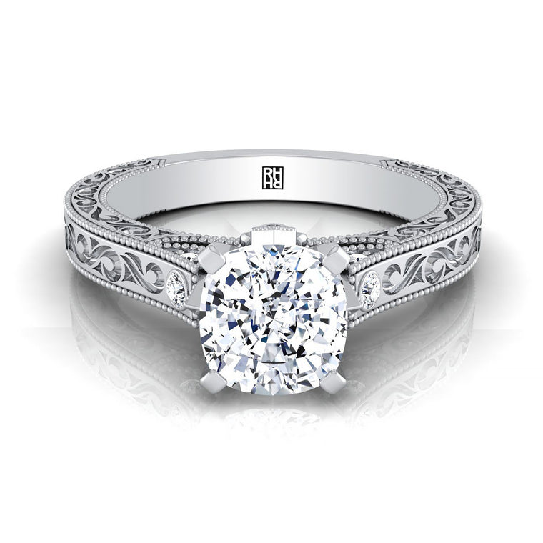 The Stella Antique Hand Engraved Solitaire Cushion Cut Engagement Ring Setting in Platinum