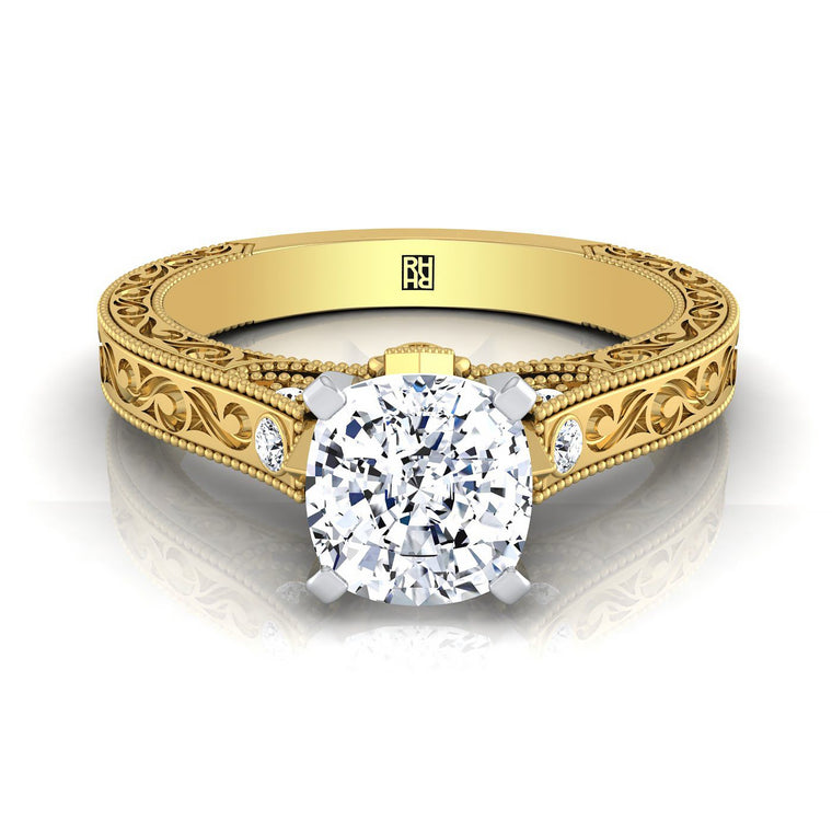 The Stella Antique Hand Engraved Solitaire Cushion Cut Engagement Ring Setting in 14K Rose Gold