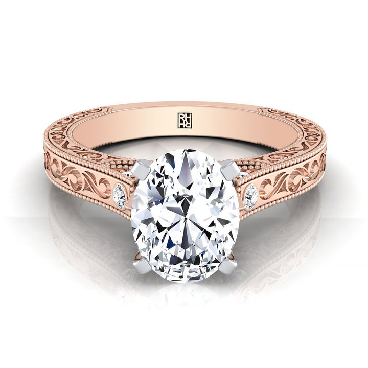 Antique Hand-Engraved Solitaire Oval, in 14K Rose Gold | RockHer