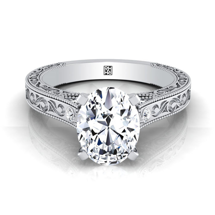 Antique Hand-Engraved Solitaire Oval, in 18K White Gold | RockHer
