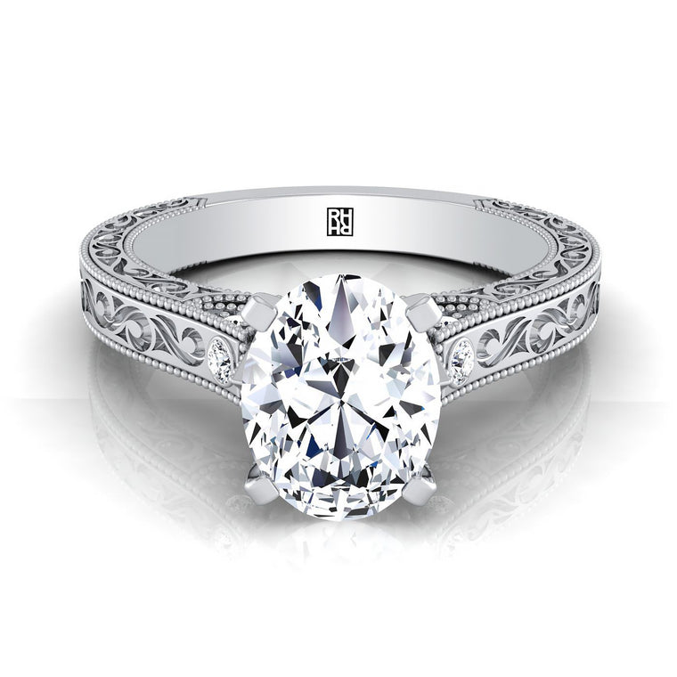 The Stella Antique Hand Engraved Solitaire Oval Engagement Ring Setting in 18K White Gold