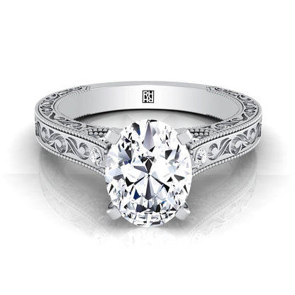 Antique Hand-Engraved Solitaire Oval, in Platinum | RockHer