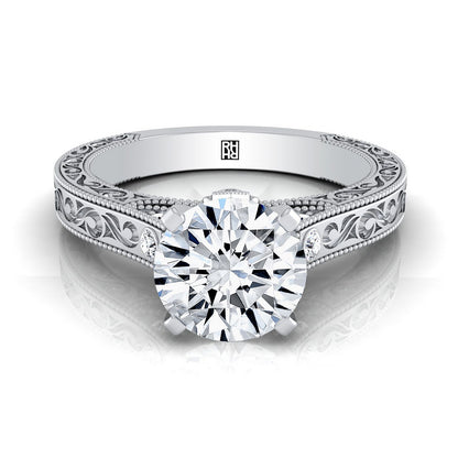 Round Brilliant, Antique Hand-Engraved Solitaire, in 18K White Gold | RockHer
