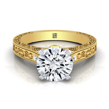 Round Brilliant, Antique Hand-Engraved Solitaire, in 18K Yellow Gold | RockHer