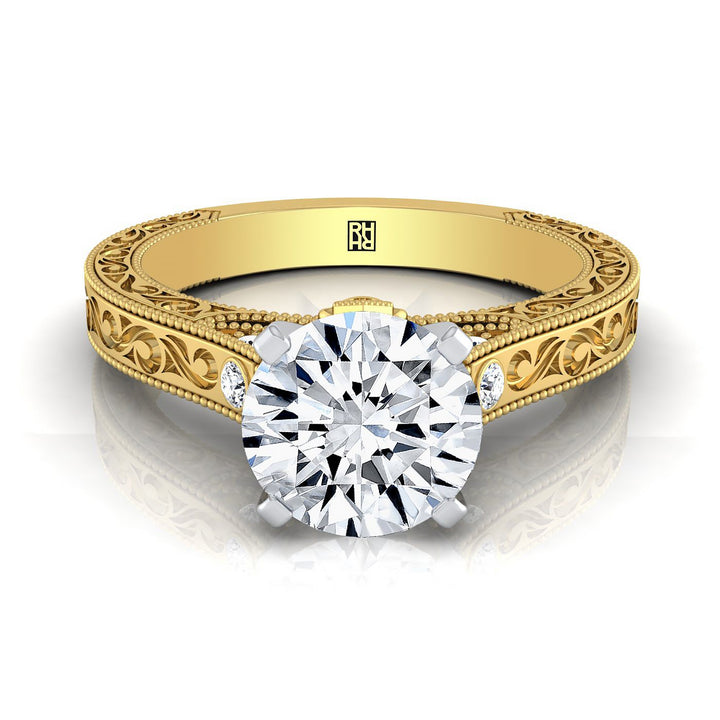 Round Brilliant, Antique Hand-Engraved Solitaire, in 18K Yellow Gold | RockHer