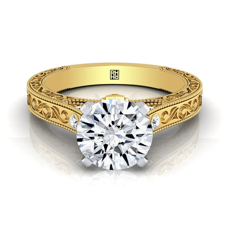 The Stella Antique Hand Engraved Solitaire Round Engagement Ring Setting in 18K Yellow Gold