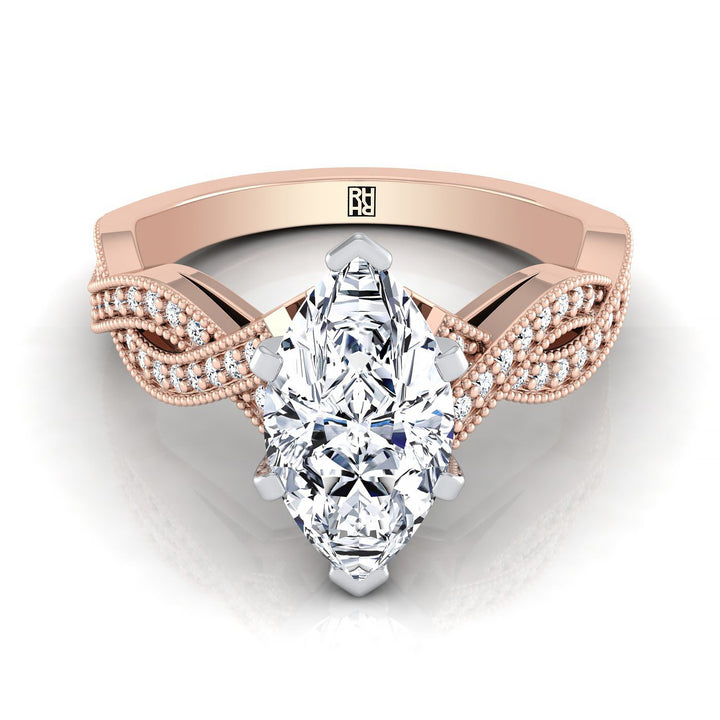 Antique Beaded Milgrain Halo Marquise, in 14K Rose Gold, pave setting | RockHer