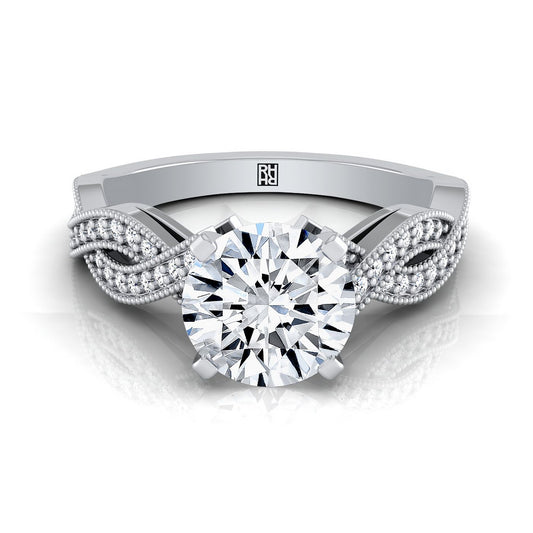 14K White Gold Round Brilliant Antique Twisted Open Beaded Diamond Halo Engagement Ring -1/5ctw