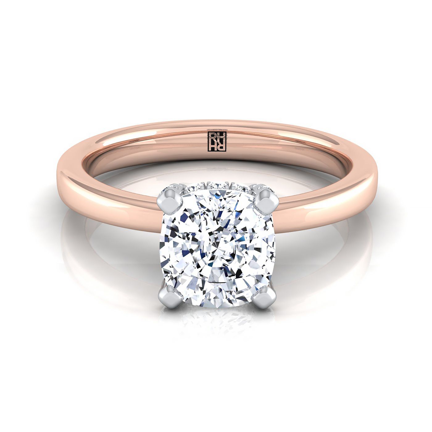 14K Rose Gold Cushion Diamond Hidden Pave Basket Crown Solitaire