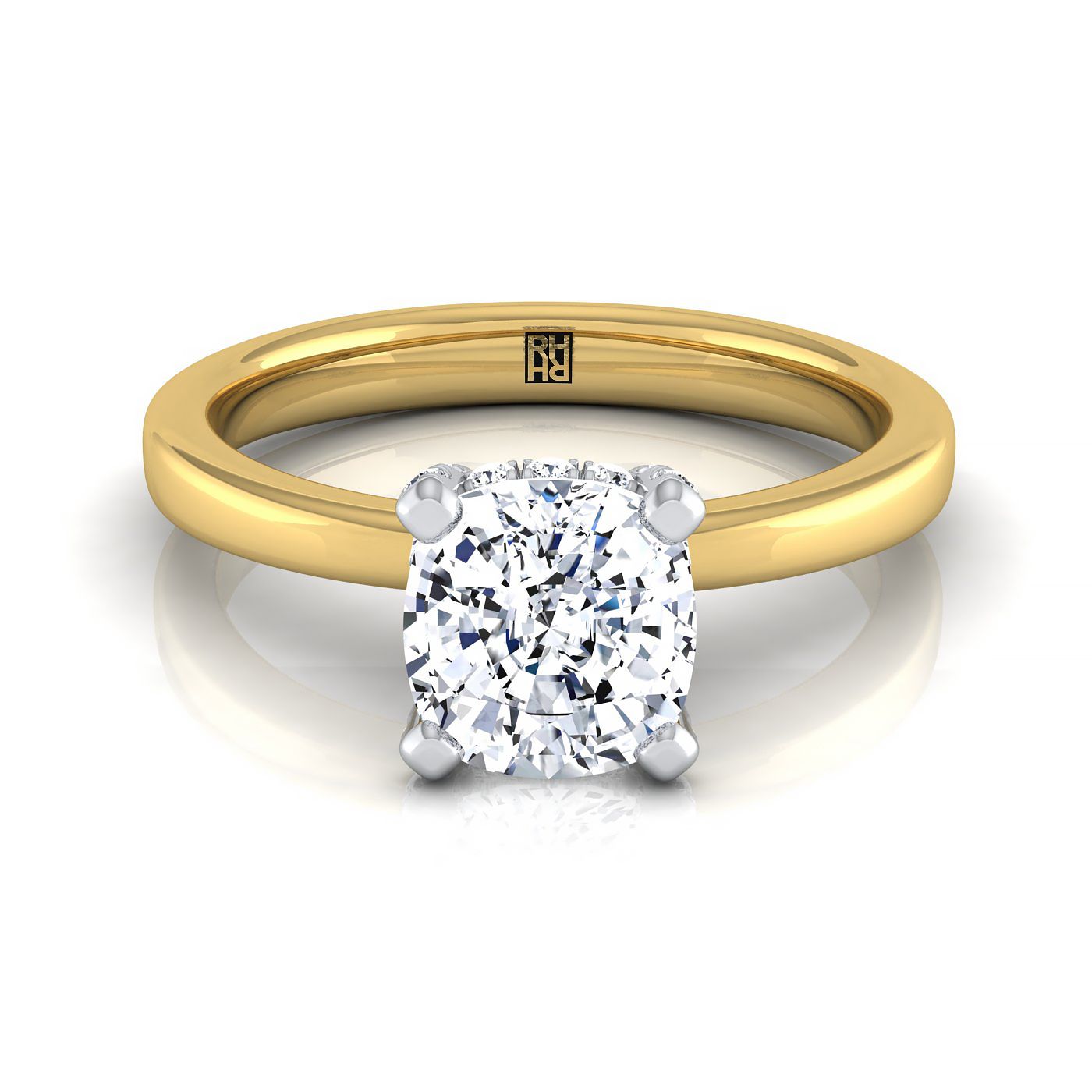Annabelle Select hidden pavé basket crown solitaire cushion cushion ring in 14K Yellow Gold — view — RockHer