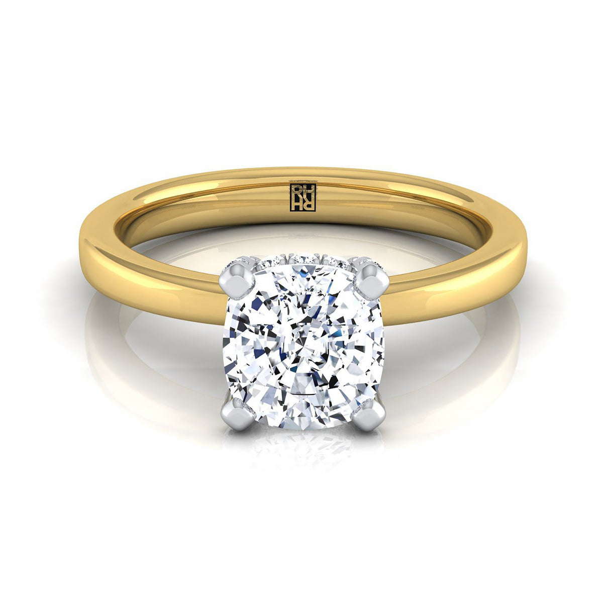 Annabelle Select Hidden Pavé Basket Crown Solitaire Cu Cushion Cut Lab Diamond Engagement Ring in 18K Yellow Gold | RockHer