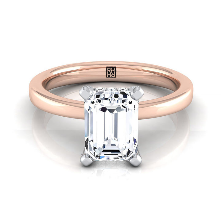 European Cut, Hidden Pavé Basket Crown Solitaire Emerald, in 14K Rose Gold, prong setting | RockHer