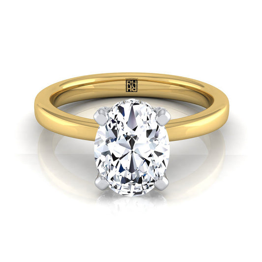 14K Yellow Gold Oval Diamond Hidden Pave Basket Crown Solitaire Engagement Ring -1/10ctw