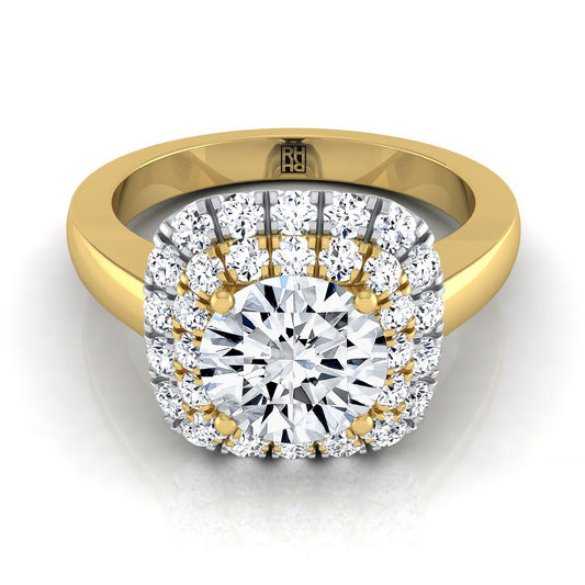 18K Yellow Gold Round Brilliant Diamond Stair Step Double Halo Engagement Ring -5/8ctw