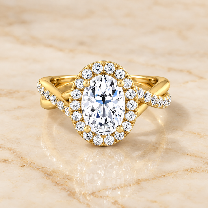 The Harmony Twisted Vine Halo Oval Engagement Ring Setting in 18K Yellow Gold