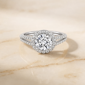The Celine Two Row Pavé Split Shank Halo Round Engagement Ring Setting in Platinum