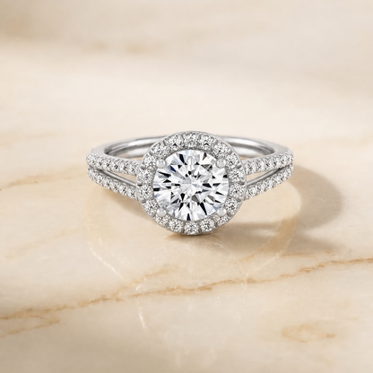 The Celine Two Row Pavé Split Shank Halo Round Engagement Ring Setting in Platinum