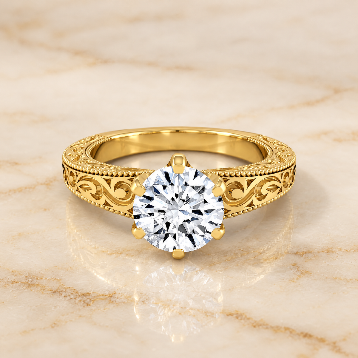The Virginia Hand Engraved Scroll Vintage Solitaire Round Engagement Ring Setting in 18K Yellow Gold