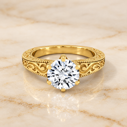 The Virginia Hand Engraved Scroll Vintage Solitaire Round Engagement Ring Setting in 18K Yellow Gold