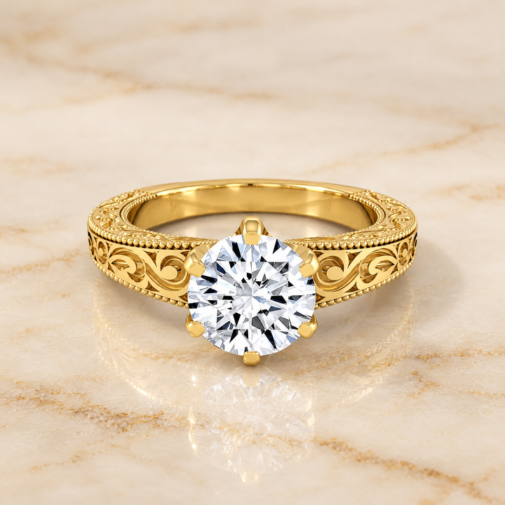 The Virginia Hand Engraved Scroll Vintage Solitaire Round Engagement Ring Setting in 18K Yellow Gold