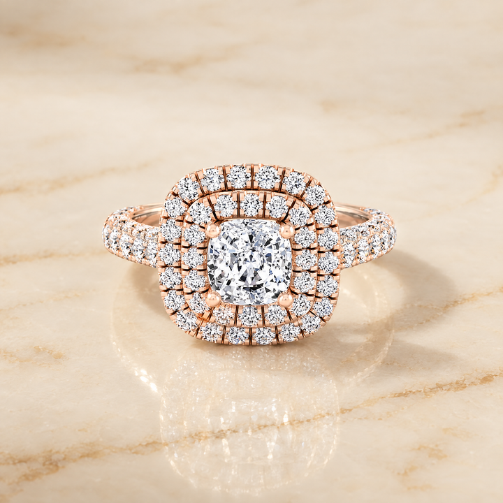 The Dinah Double Halo Cushion Cut Engagement Ring Setting in 14K Rose Gold