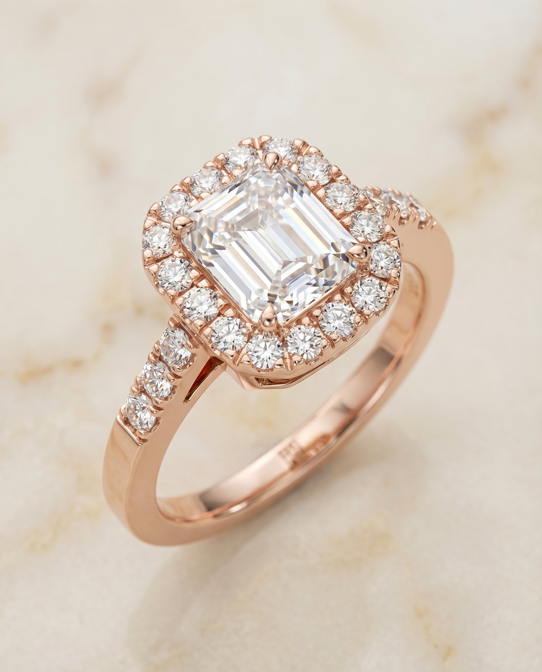 The Crimson east west horizontal halo cut engagement ring setting, shown in 14K Rose Gold | RockHer