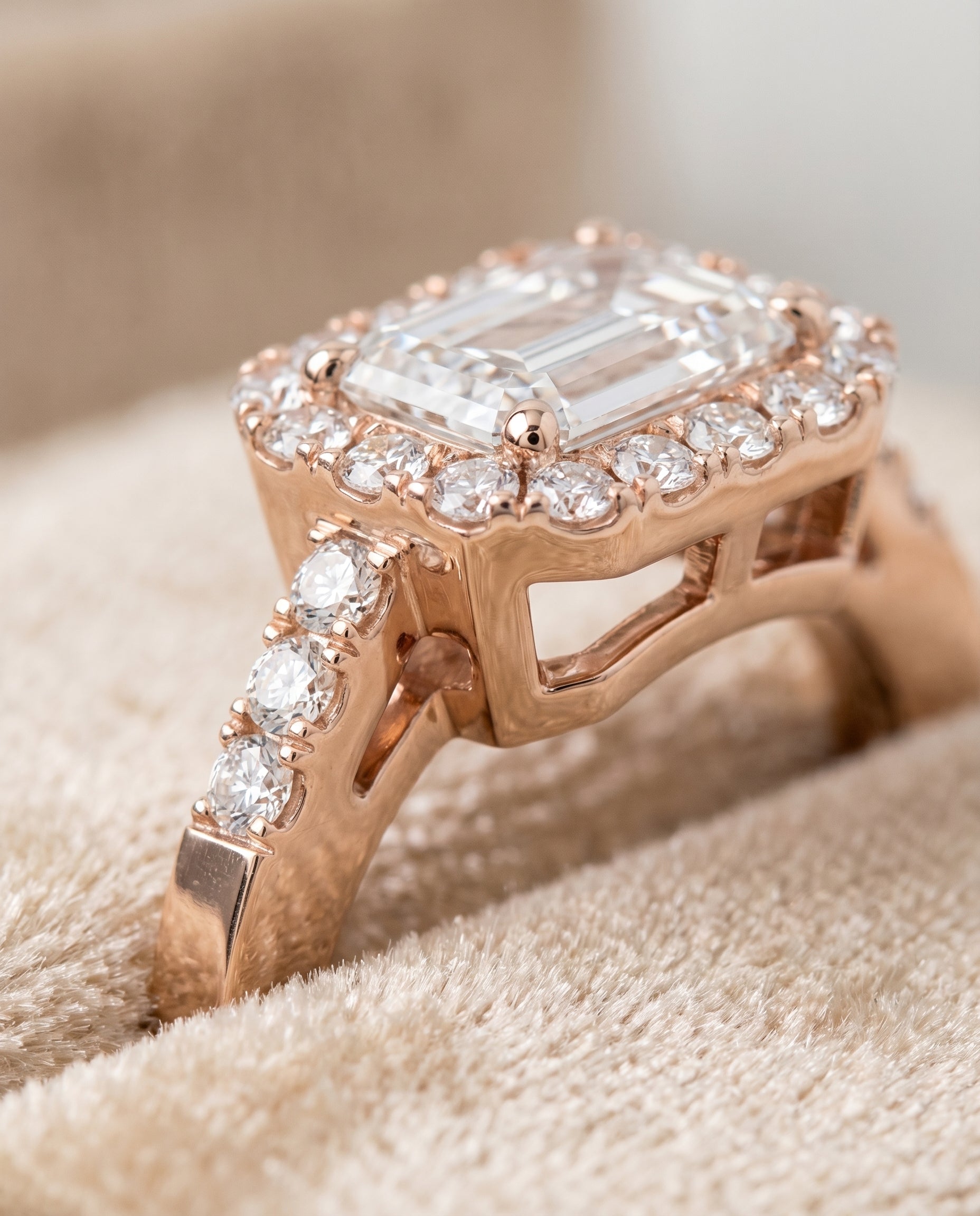 Crimson Select East West Horizontal Halo Emerald Cut Lab Diamond Engagement Ring in 14K Rose Gold, detail view | RockHer