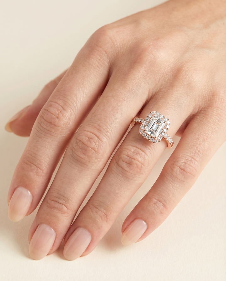 European Cut, East West Horizontal Halo Emerald, in 14K Rose Gold – lifestyle shot | RockHer