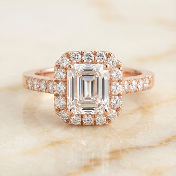 The Crimson East West Horizontal Halo Emerald Cut Engagement Ring Setting in 14K Rose Gold