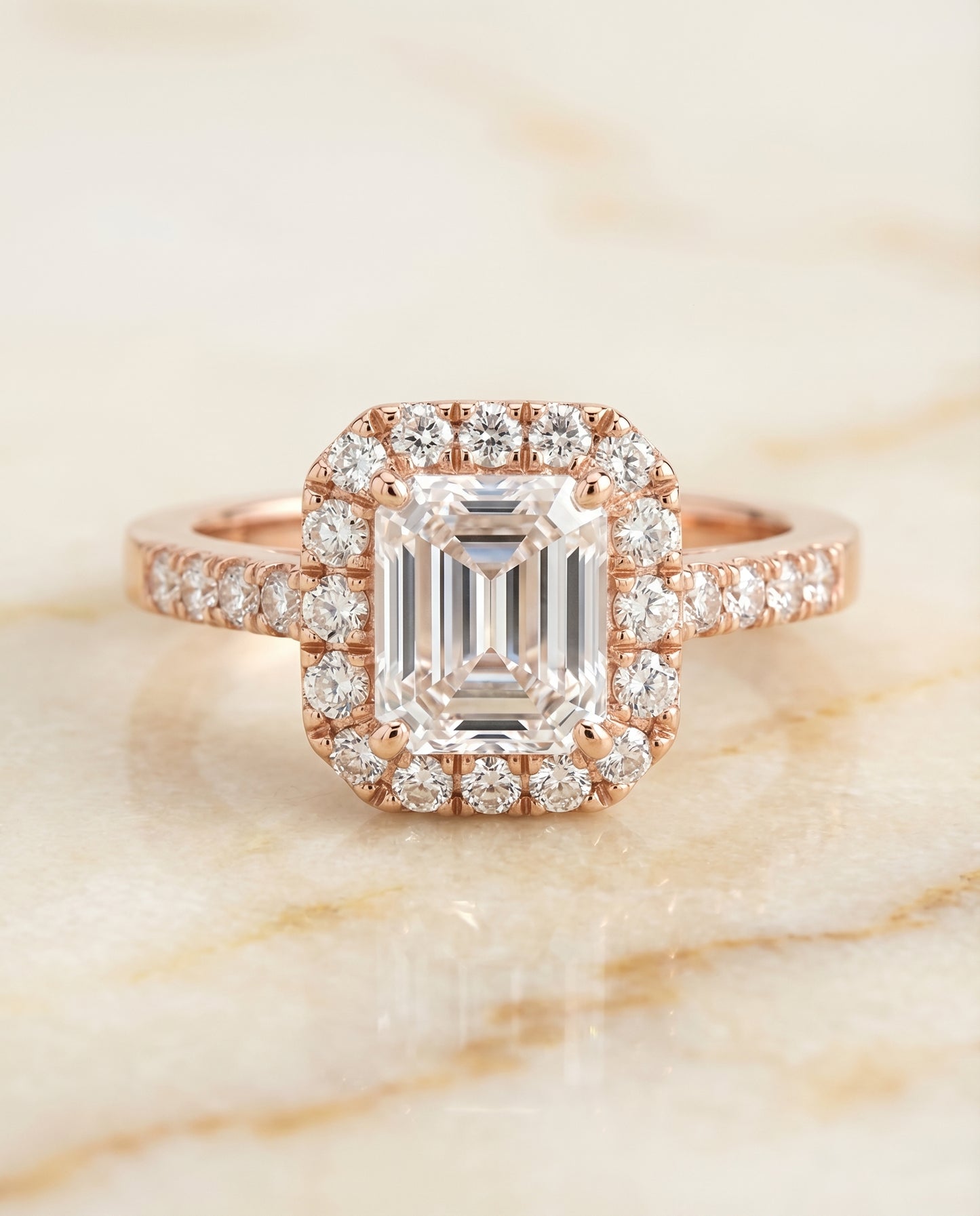 European Cut, East West Horizontal Halo Emerald, in 14K Rose Gold – side profile | RockHer