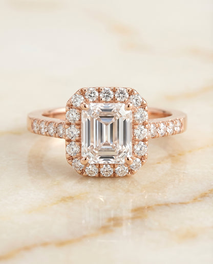 European Cut, East West Horizontal Halo Emerald, in 14K Rose Gold – side profile | RockHer