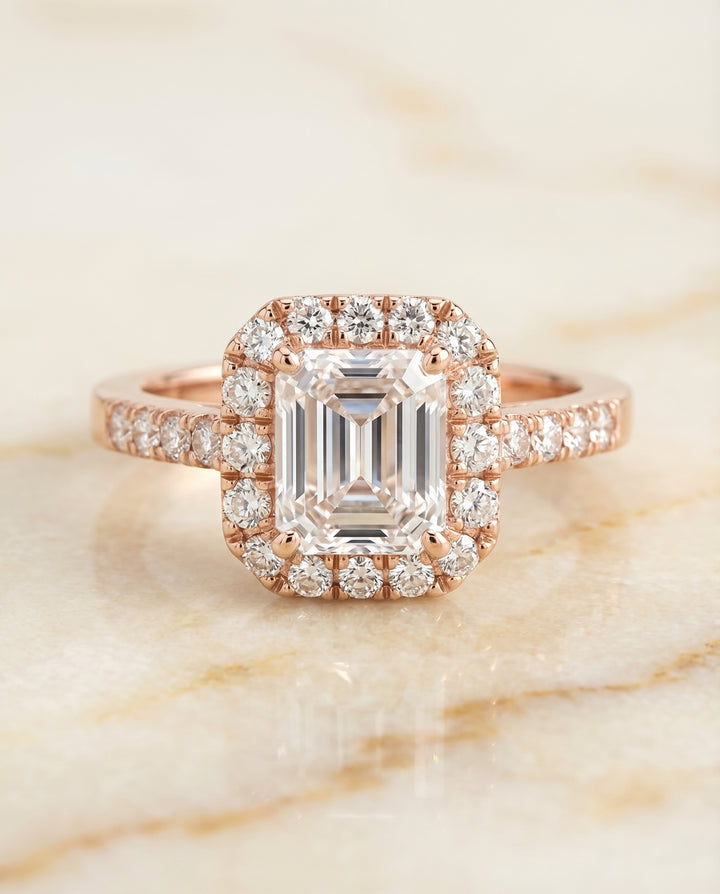 European Cut, East West Horizontal Halo Emerald, in 14K Rose Gold – side profile | RockHer