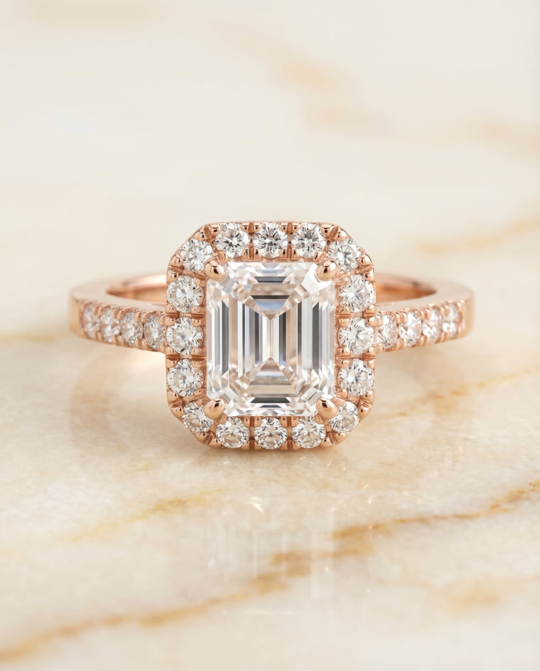 The Crimson East West Horizontal Halo Emerald Cut Engagement Ring Setting in 14K Rose Gold