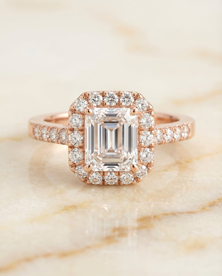 The Crimson Select East West Horizontal Halo Emerald Cut Lab Diamond Engagement Ring in 14K Rose Gold