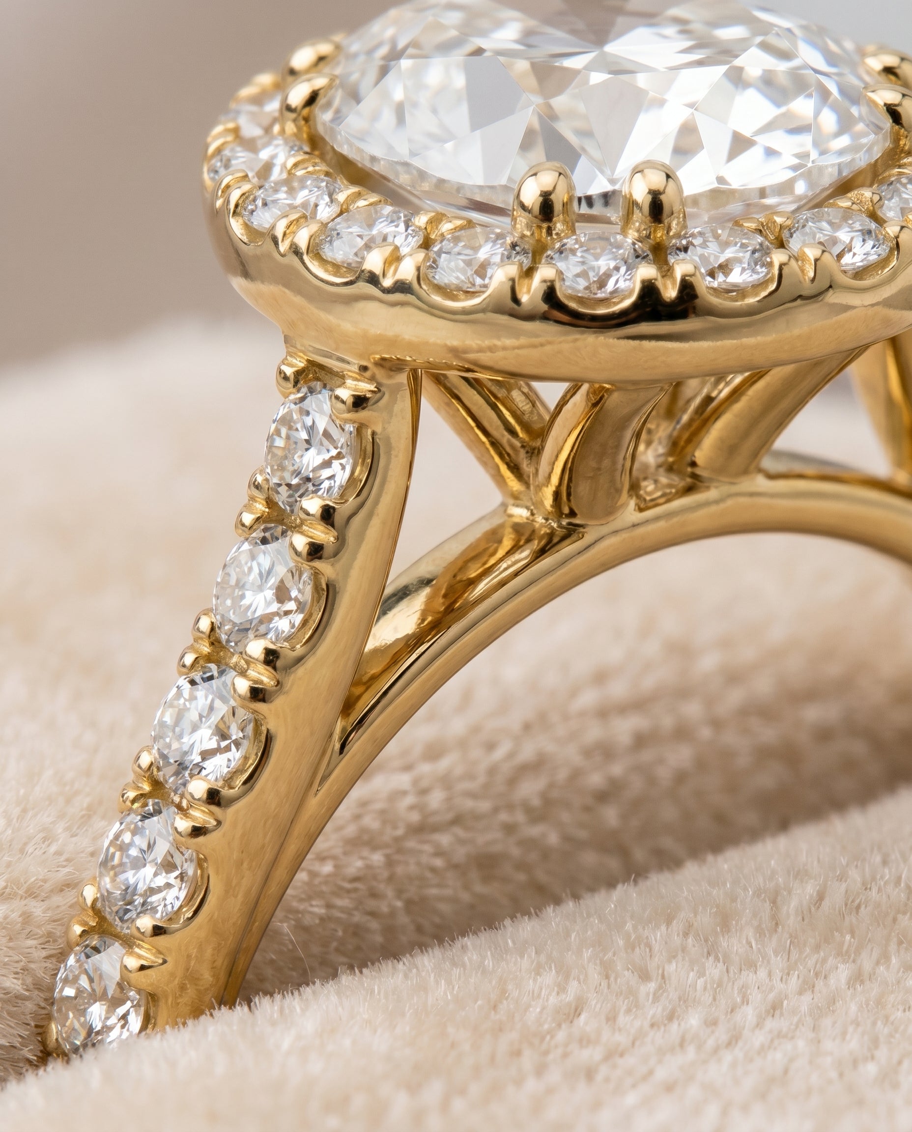 Christina Select East West Horizontal Halo Oval Lab Diamond Engagement Ring in 18K Yellow Gold, detail view | RockHer
