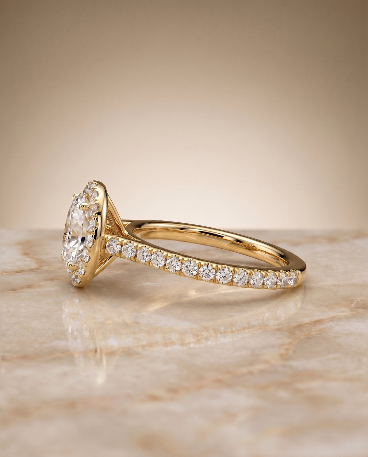 The Christina east west horizontal halo engagement ring setting, shown in 18K Yellow Gold | RockHer