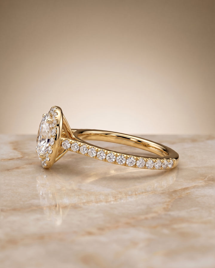 The Christina East West Pavé Halo Engagement Ring Setting for Oval Diamonds in 18K Yellow Gold