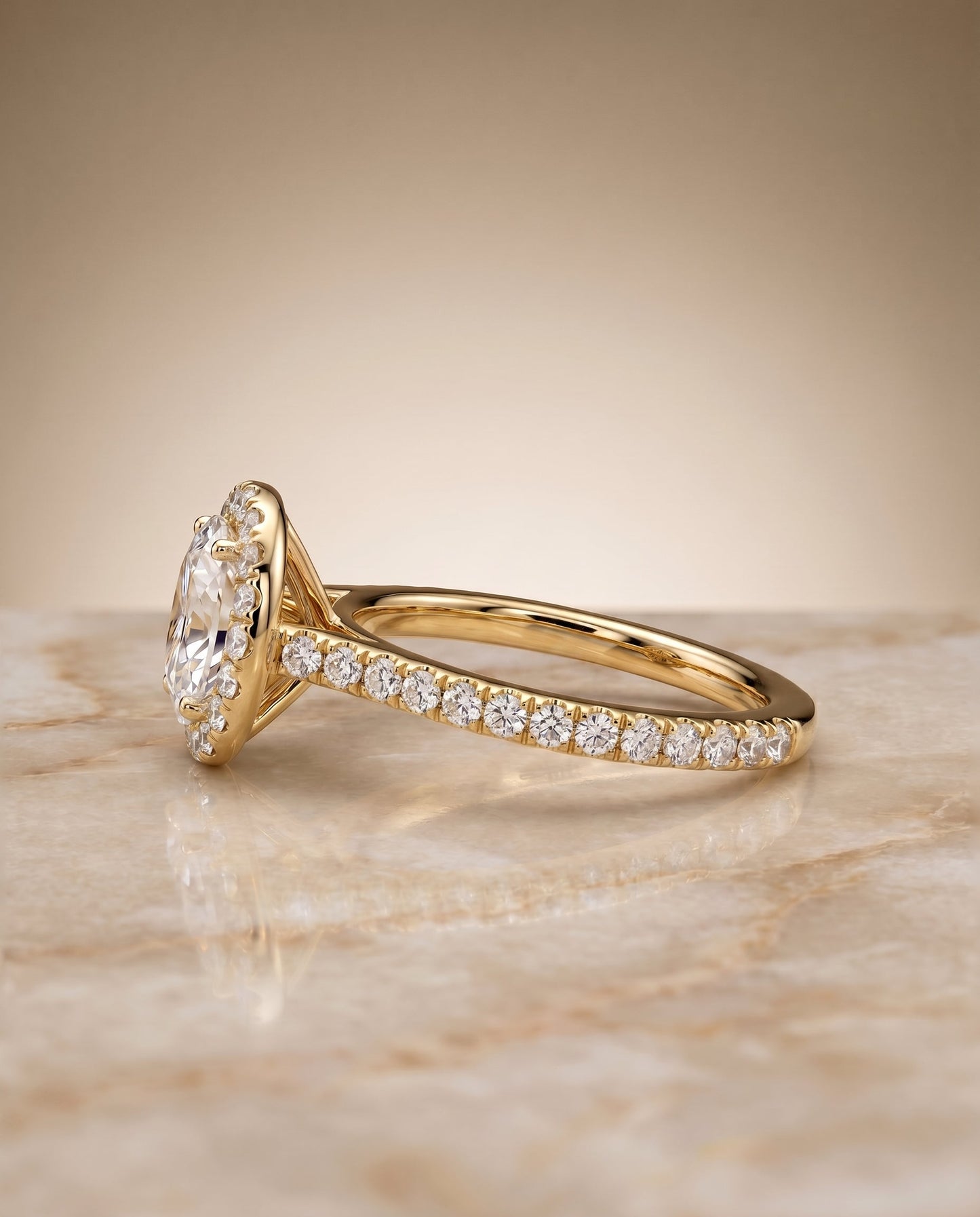 Christina Select East West Horizontal Halo Oval Lab Diamond Engagement Ring in 18K Yellow Gold, side view | RockHer