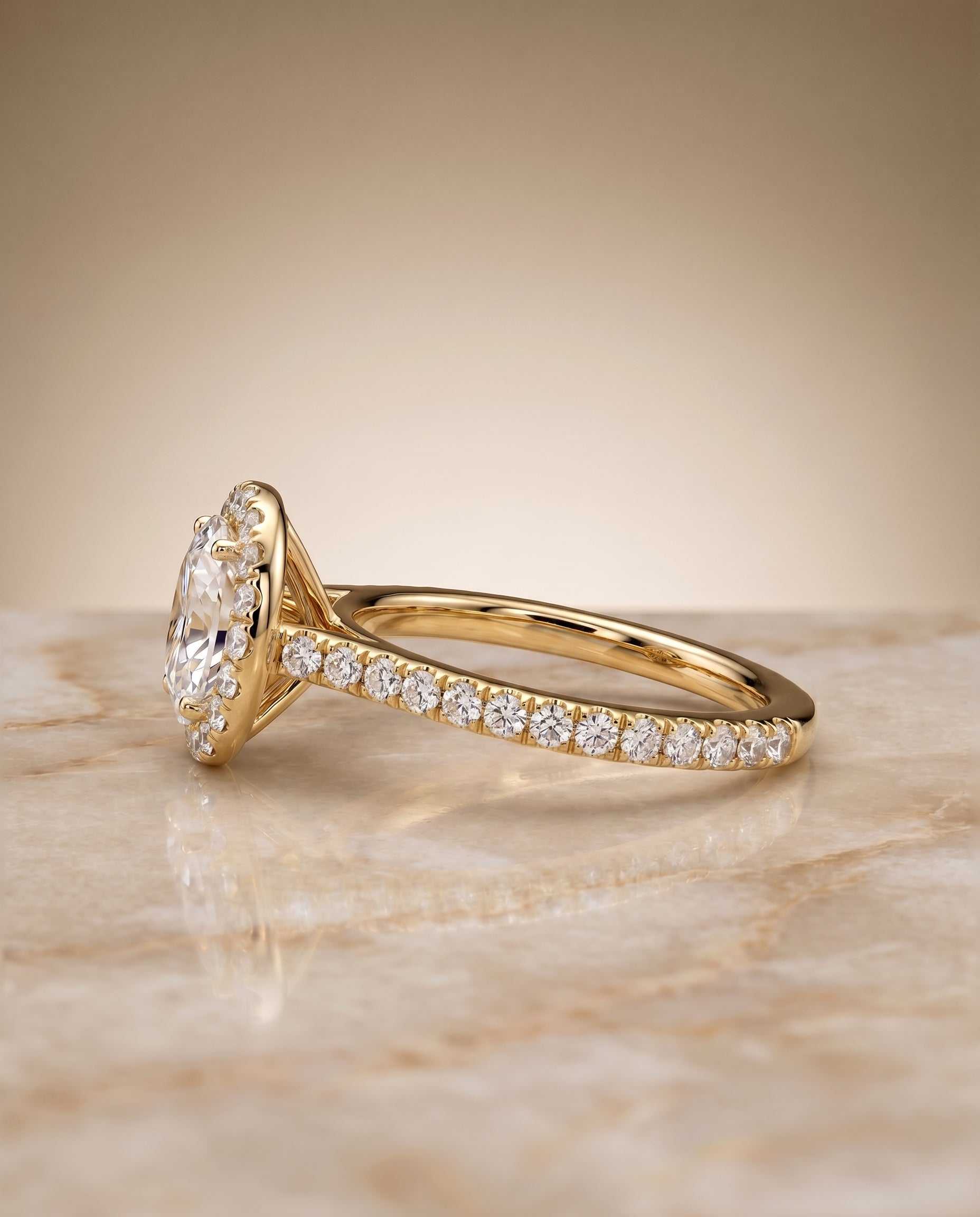 Christina Select East West Horizontal Halo Oval Lab Diamond Engagement Ring in 18K Yellow Gold, side view | RockHer