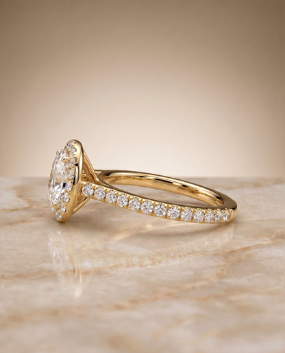 Christina Select East West Horizontal Halo Oval Lab Diamond Engagement Ring in 18K Yellow Gold, side view | RockHer