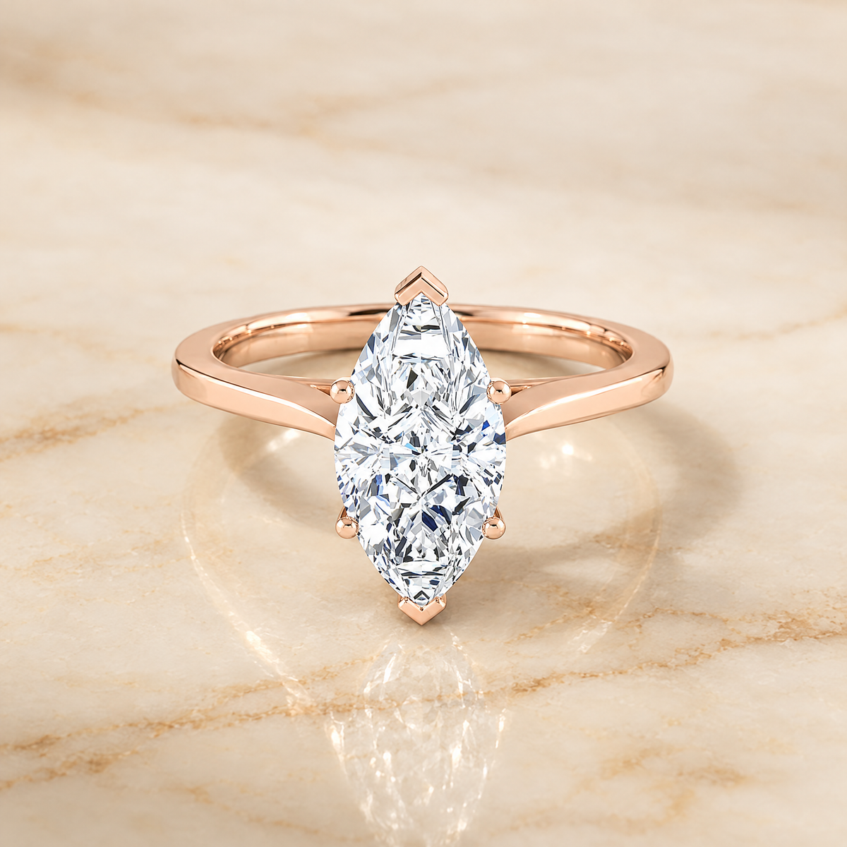 The Elena Timeless Graduated Beveled Shank Solitaire Marquise Engagement Ring Setting in 14K Rose Gold